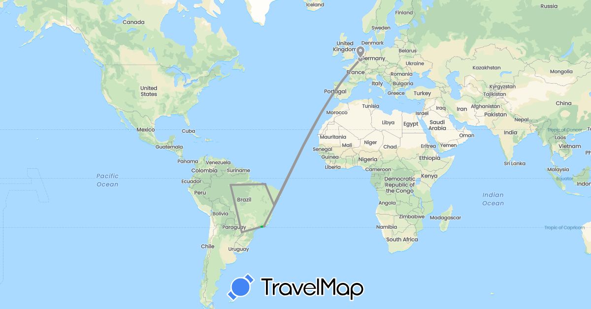 TravelMap itinerary: driving, bus, plane, hiking, boat in Belgium, Brazil (Europe, South America)